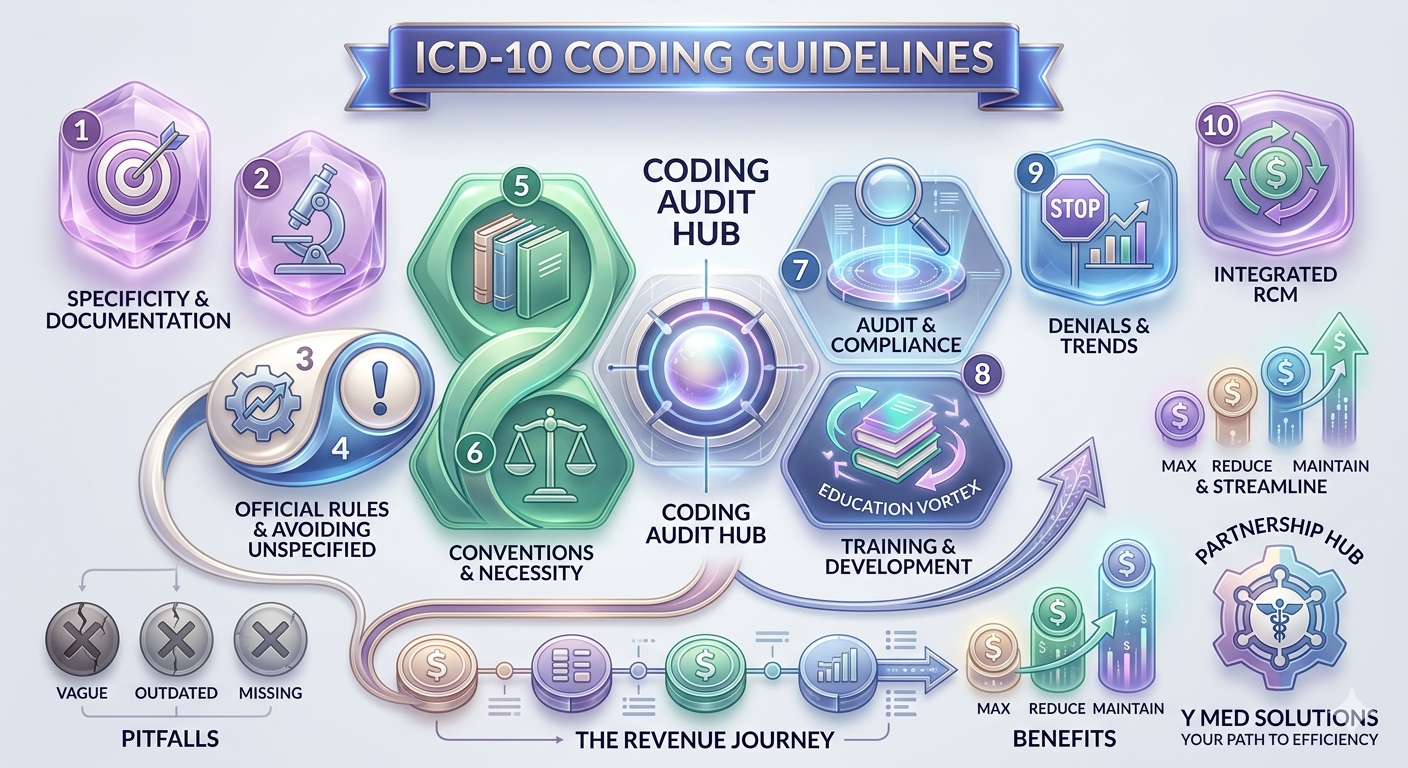 An informative medical billing infographic titled "ICD-10 Coding Guidelines" featuring an abstract, modern design with a soft purple and green color scheme. The visual layout tracks the revenue journey through numbered steps, sleek hexagonal nodes, and conceptual icons representing documentation specificity, official rules, coding conventions, medical necessity, and compliance audits. A bottom section outlines coding "Pitfalls" like vague or outdated codes, balanced against a "Benefits" chart illustrating maximized reimbursements and a streamlined revenue cycle, complete with the "Y Med Solutions" partnership branding at the bottom right.
