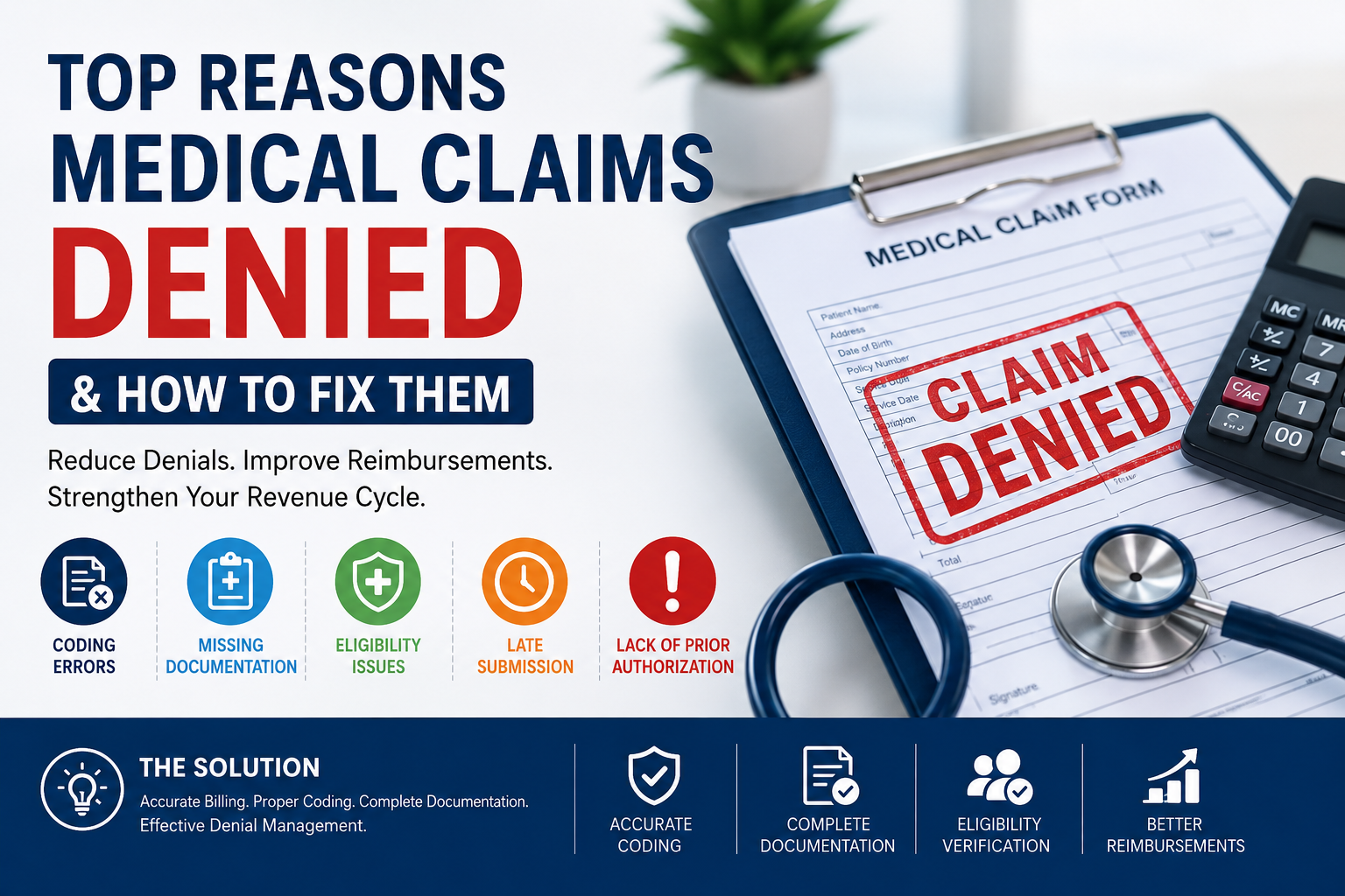 Infographic showing top reasons medical claims are denied including coding errors, missing documentation, eligibility issues, and solutions to fix billing errors