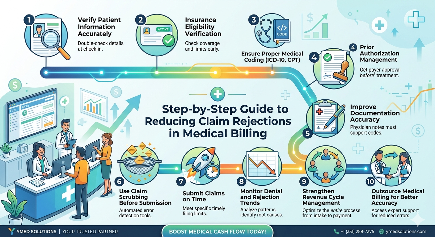 A 10-step process chart on how to reduce claim rejections in medical billing for healthcare providers, created by YMED Solutions.